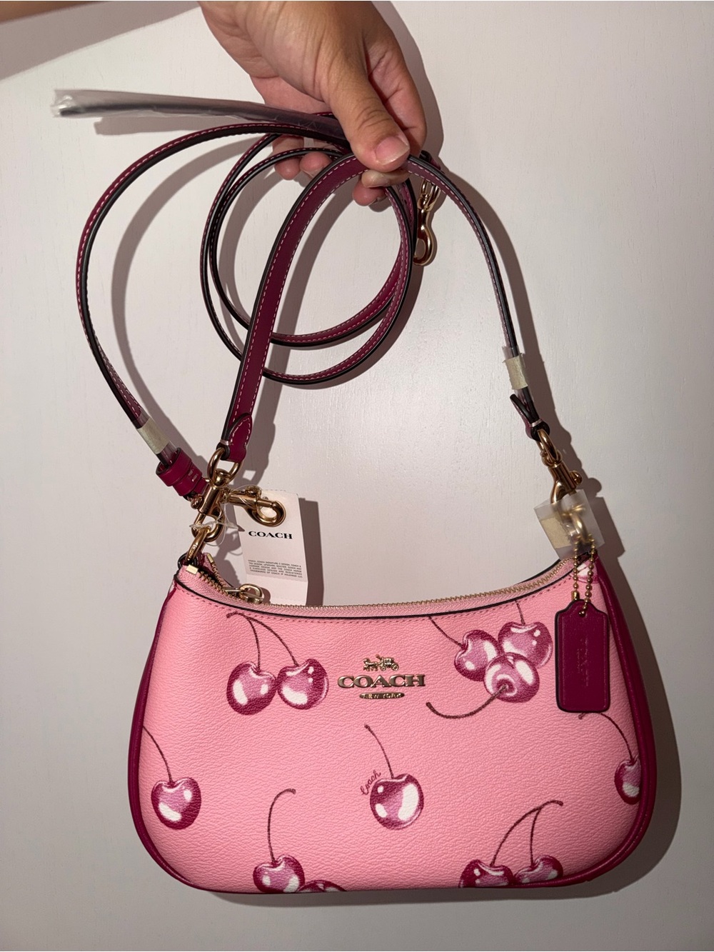 Coach Pink Cherry Print Shoulder Bag with Magenta Trim